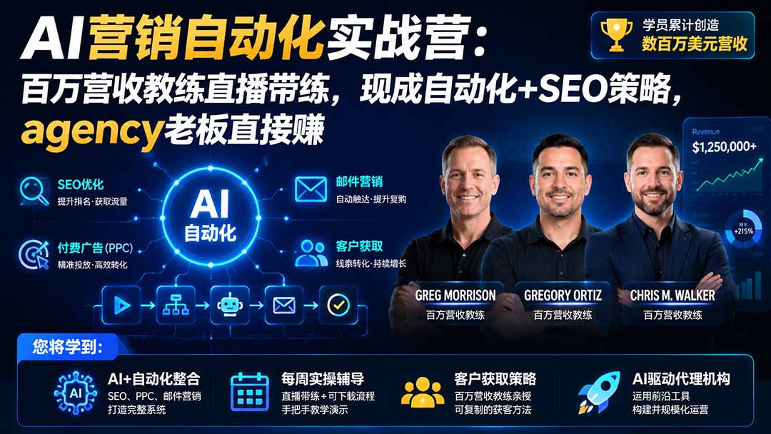 AI营销自动化实战营:百万营收教练直播带练,现成自动化+SEO策略,agency老板直接赚【原创双语字幕】-来聚吧