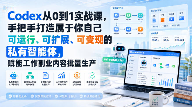 Codex从0到1实战课，手把手打造属于你自己可运行、可扩展、可变现的私有智能体，赋能工作副业内容批量生产-来聚吧