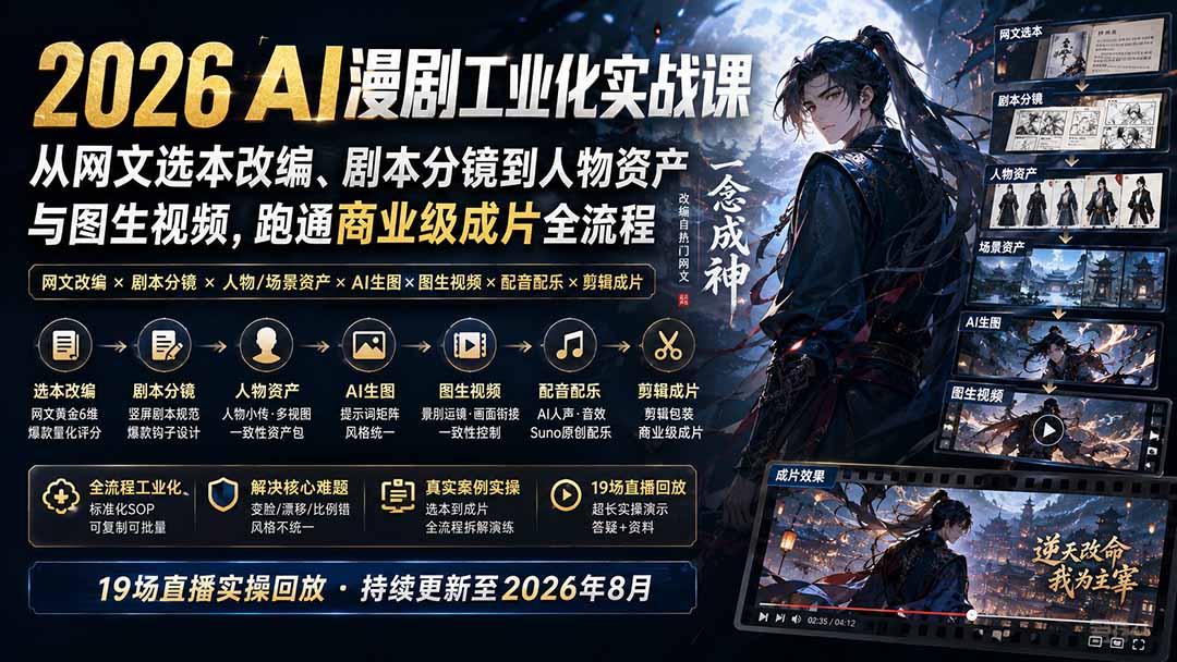 2026 AI漫剧工业化实战课-更新:从网文选本改编、剧本分镜到人物资产与图生视频,跑通商业级成片全流程-来聚吧