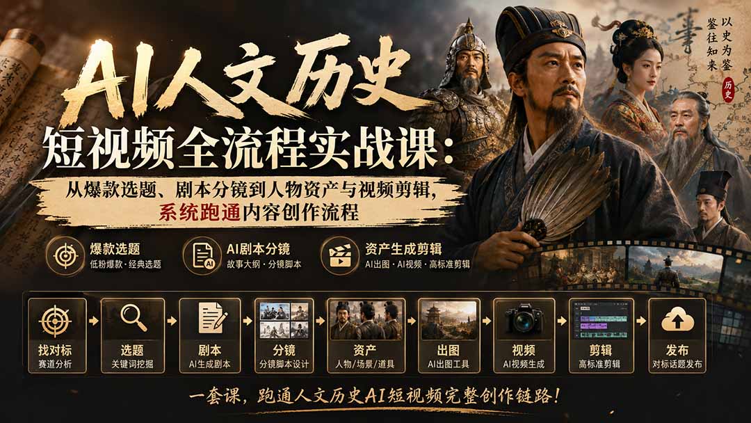 AI人文历史短视频全流程实战课：从爆款选题、剧本分镜到人物资产与视频剪辑，系统跑通内容创作流程-来聚吧
