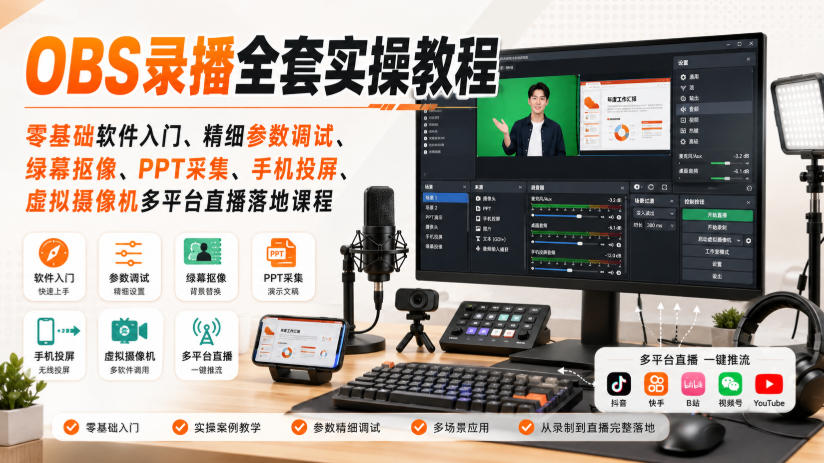 OBS录播全套实操教程|零基础软件入门、精细参数调试、绿幕抠像、手机投屏、虚拟摄像机多平台直播落地课程-来聚吧