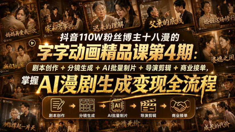 抖音110W粉丝博主十八漫的字字动画精品课第4期：剧本创作+分镜生成+剪辑+商业接单，掌握AI漫剧生成变现全流程-来聚吧