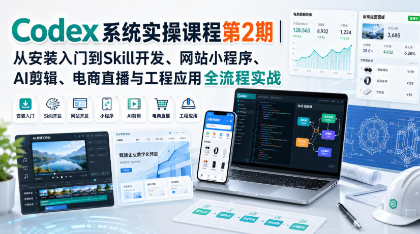 Codex系统实操课程第2期｜从安装入门到Skill开发、网站小程序、AI剪辑、电商直播与工程应用全流程实战-来聚吧