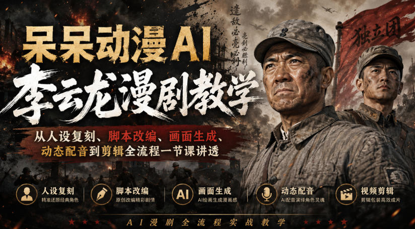 呆呆动漫AI李云龙漫剧教学,从人设复刻、脚本改编、画面生成、动态配音到剪辑全流程一节课讲透-来聚吧