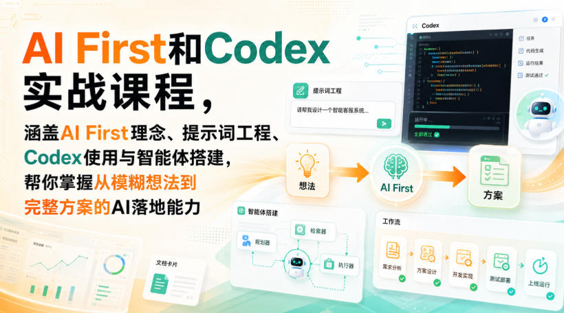 AI First和Codex实战课，涵盖AI First理念、提示词工程、Codex使用与智能体搭建，掌握从模糊想法到完整方案的AI落地能力-来聚吧