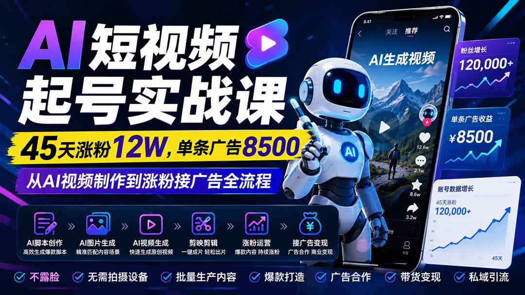 AI短视频起号实战课:45天涨粉12W,单条广告8500,从AI视频制作到涨粉接广告全流程-来聚吧