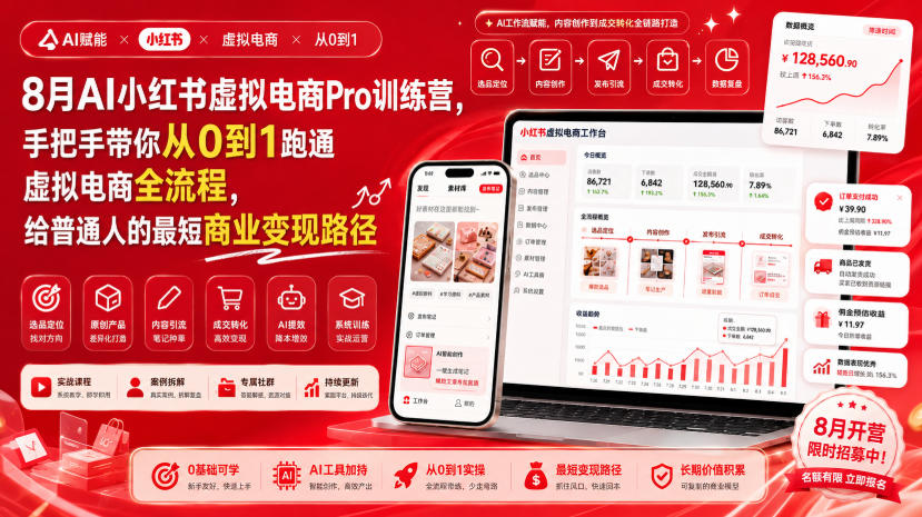 8月AI小红书虚拟电商Pro训练营,手把手带你从0到1跑通虚拟电商全流程,给普通人的最短商业变现路径(更新0827)-来聚吧
