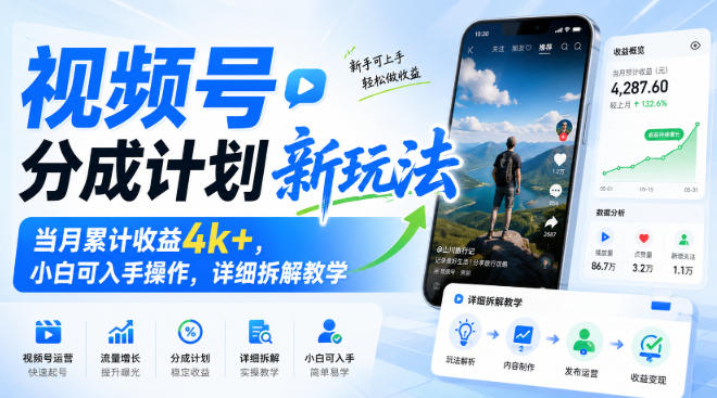 视频号分成计划新玩法,当月累计收益4k+,小白可入手操作,详细拆解教学-来聚吧