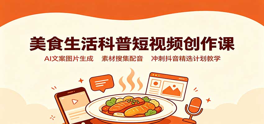美食生活科普短视频创作课:AI文案图片生成,素材搜集配音,冲刺抖音精选计划教学-来聚吧