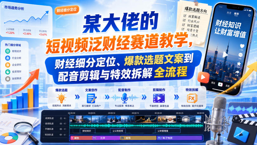 某大佬的短视频泛财经赛道教学，财经细分定位、爆款选题文案到配音剪辑与特效拆解全流程-来聚吧