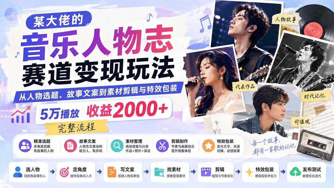 某大佬的音乐人物志赛道变现玩法：从人物选题、故事文案到素材剪辑与特效包装，5万播放收益2000+完整流程-来聚吧