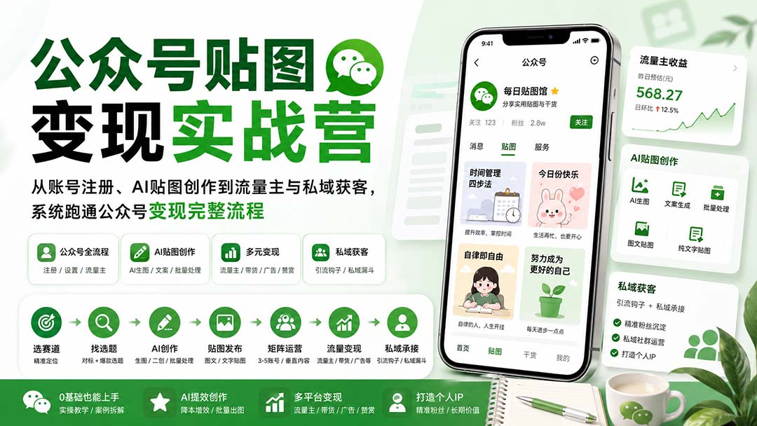 公众号贴图变现实战营：从账号注册、AI贴图创作到流量主与私域获客，系统跑通公众号变现完整流程-来聚吧