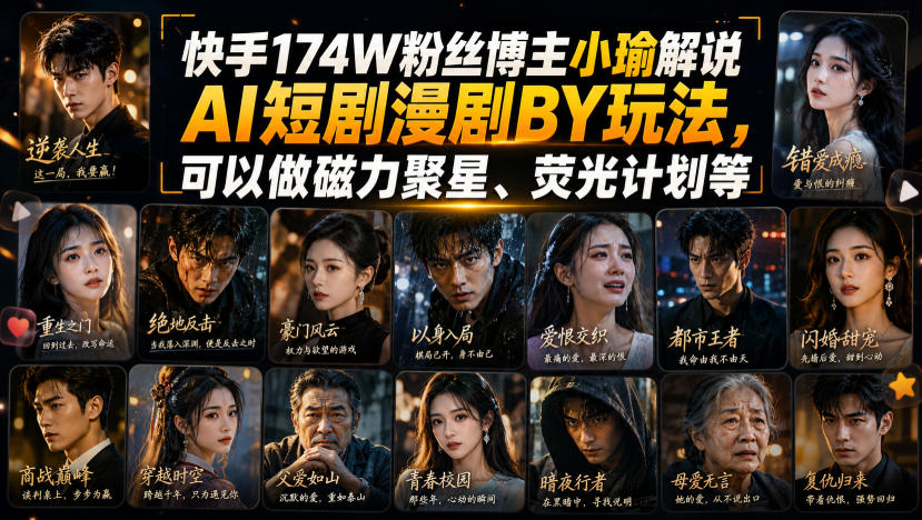 快手174W粉丝博主小瑜解说AI短剧漫剧搬运玩法,可以做磁力聚星、荧光计划等-来聚吧