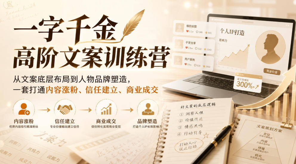一字千金高阶文案训练营,从文案底层布局到人物品牌塑造,一套打通内容涨粉、信任建立、商业成交-来聚吧