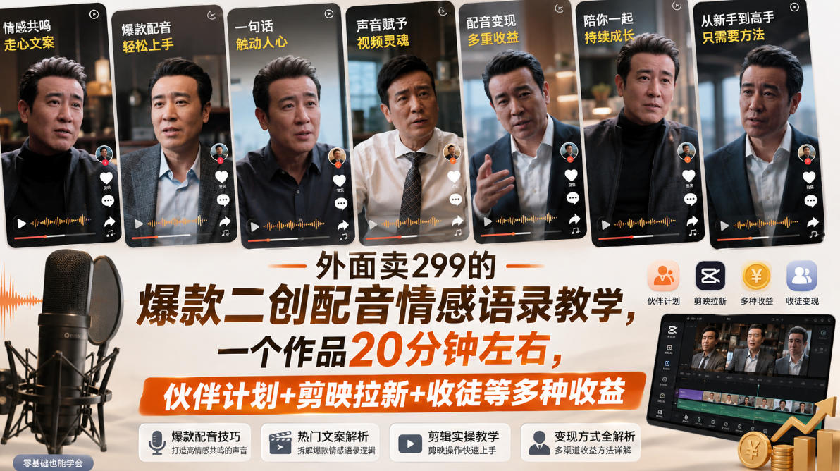 外面卖299的爆款二创配音情感语录教学,一个作品20分钟左右,伙伴计划+剪映拉新+收徒等多种收益-来聚吧
