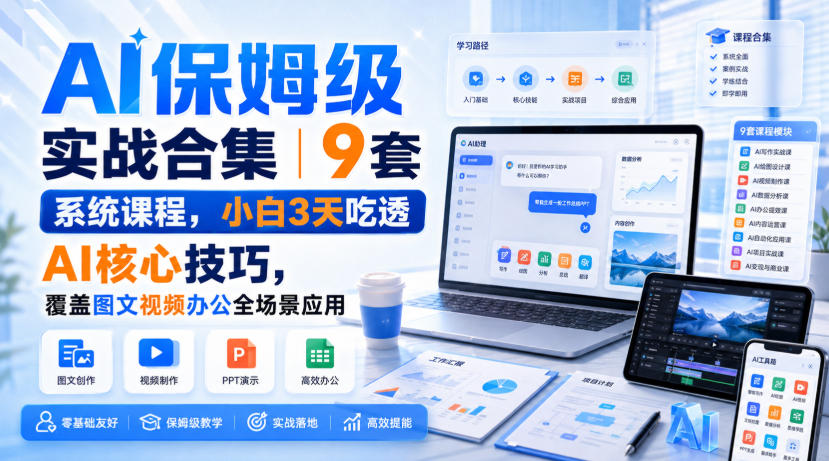 AI保姆级实战合集|9套系统课程,小白3天吃透AI核心技巧,覆盖图文视频办公全场景应用-来聚吧