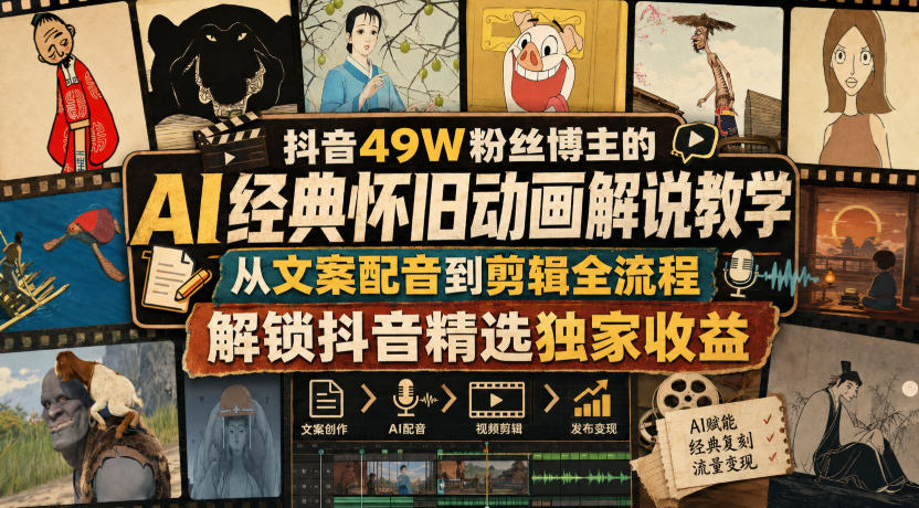 抖音49W粉丝博主的AI经典怀旧动画解说教学,从文案配音到剪辑全流程,解锁抖音精选独家收益-来聚吧
