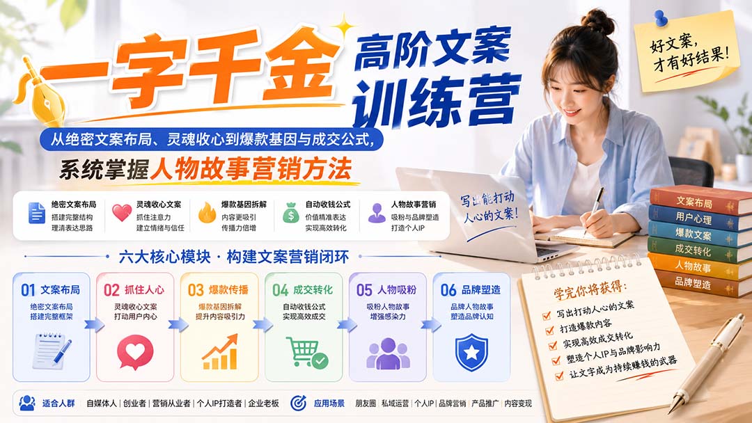 一字千金高阶文案训练营：从绝密文案布局、灵魂收心到爆款基因与成交公式，系统掌握人物故事营销方法-来聚吧