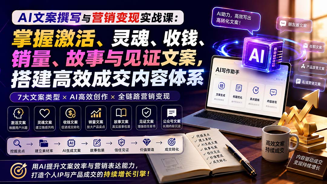 AI文案撰写与营销变现实战课:掌握激活、灵魂、收钱、销量、故事与见证文案,搭建高效成交内容体系-来聚吧