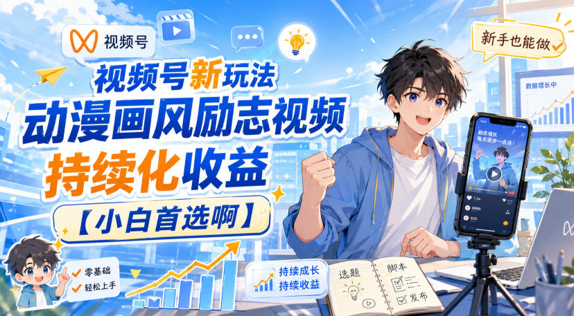 视频号新玩法动漫画风励志视频,持续化收益【小白首选啊】-来聚吧
