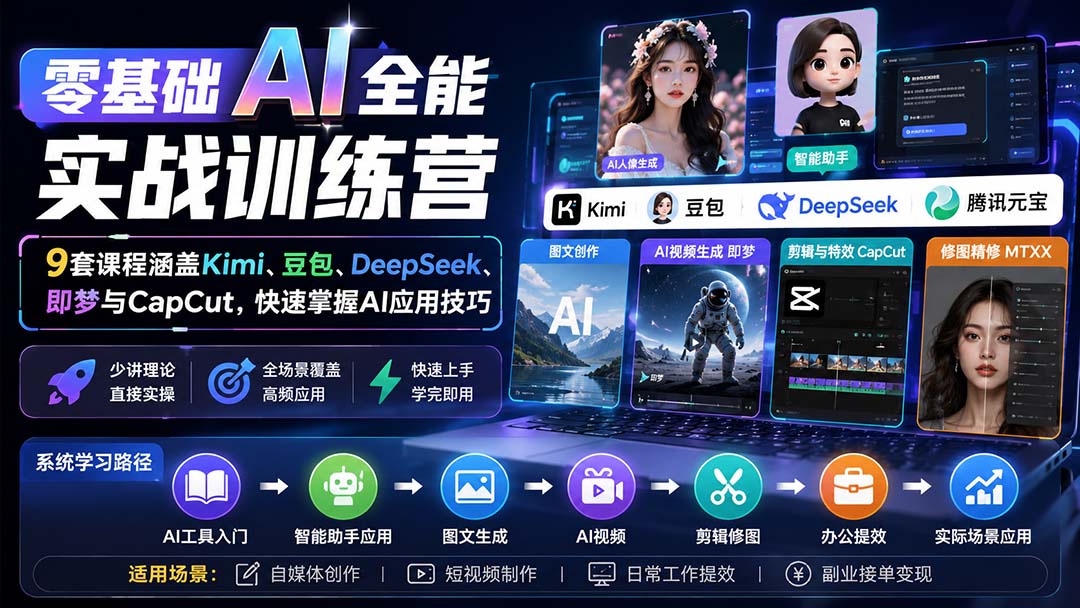 零基础AI全能实战训练营：9套课程涵盖Kimi、豆包、DeepSeek、即梦与CapCut，快速掌握AI应用技巧-来聚吧