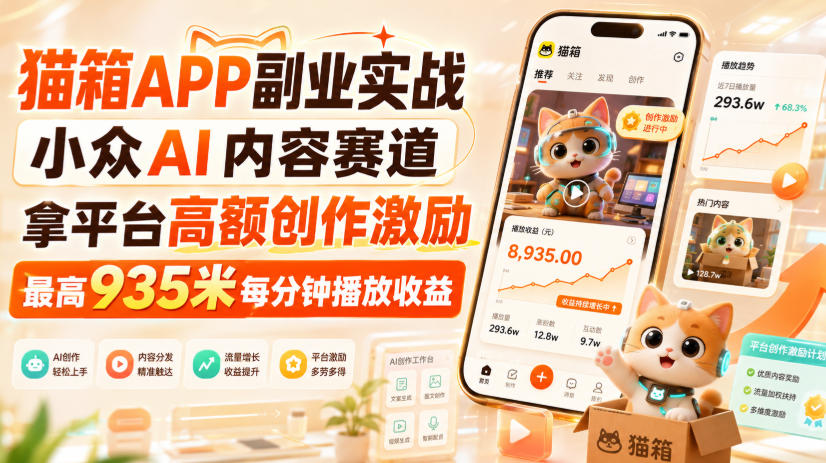 猫箱APP副业实战,小众AI内容赛道,拿平台高额创作激励,最高935米每分钟播放收益-来聚吧