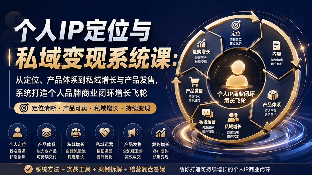 个人IP定位与私域变现系统课:从定位、产品体系到私域增长与产品发售,系统打造个人品牌商业闭环增长飞轮-来聚吧