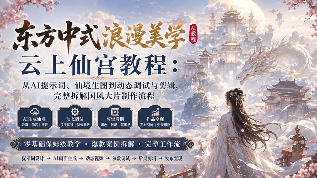 东方中式浪漫美学云上仙宫教程:从AI提示词、仙境生图到动态调试与剪辑,完整拆解国风大片制作流程-来聚吧