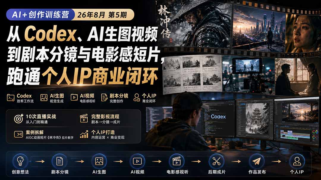 AI+创作训练营26年8月第5期:从Codex、AI生图视频到剧本分镜与电影感短片,跑通个人IP商业闭环-来聚吧