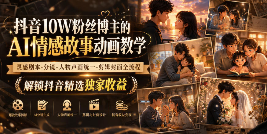 抖音10W粉丝博主的AI情感故事动画教学，灵感剧本‑分镜‑人物声画统一‑剪辑封面全流程，解锁抖音精选独家收益-来聚吧
