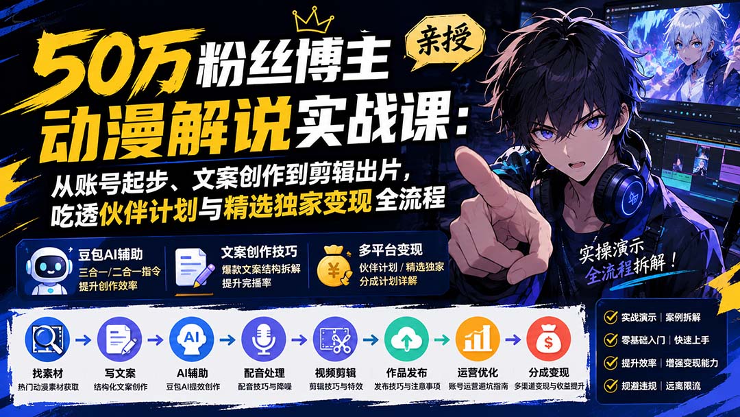 50万粉丝博主亲授动漫解说实战课:从账号起步、文案创作到剪辑出片,吃透伙伴计划与精选独家变现全流程-来聚吧