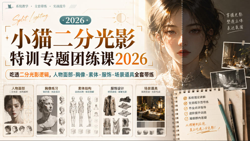 小猫二分光影特训专题团练课2026|吃透二分光影逻辑,人物面部‑胸像‑素体‑服饰‑场景道具全套带练,高清画质附赠课件与笔刷-来聚吧