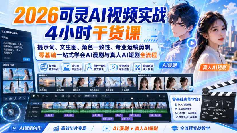2026可灵AI视频实战4小时干货课|提示词、文生图、角色一致性、专业运镜剪辑,零基础一站式学会AI漫剧与真人AI短剧全流程-来聚吧