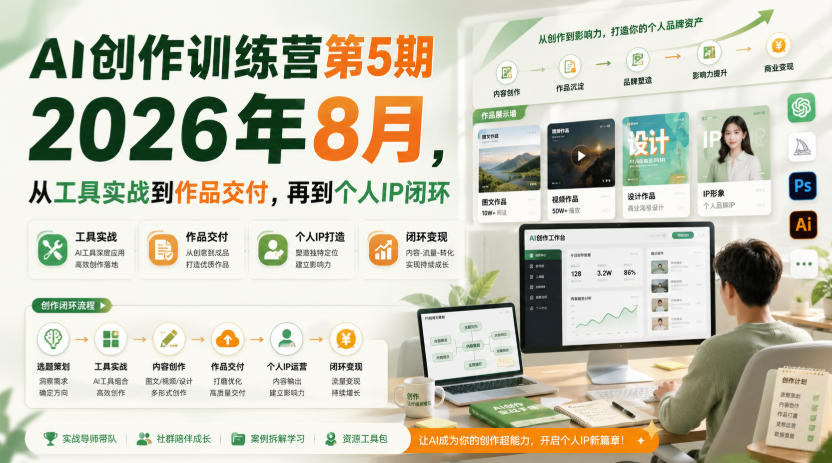 AI创作训练营第5期2026年8月,从工具实战到作品交付,再到个人IP闭环-来聚吧