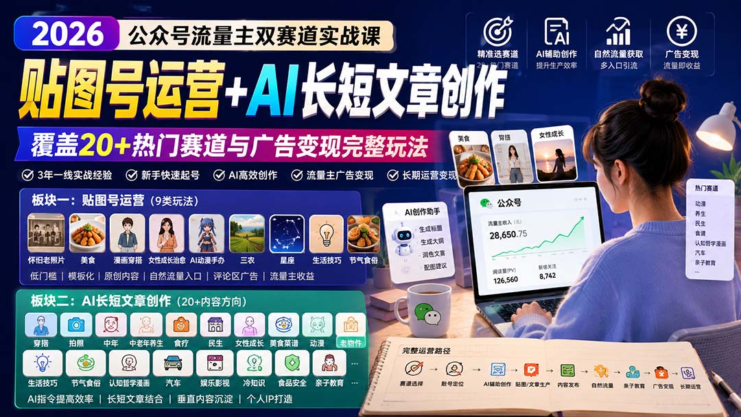 公众号流量主双赛道实战课:贴图号运营+AI长短文章创作,覆盖20+热门赛道与广告变现完整玩法-来聚吧