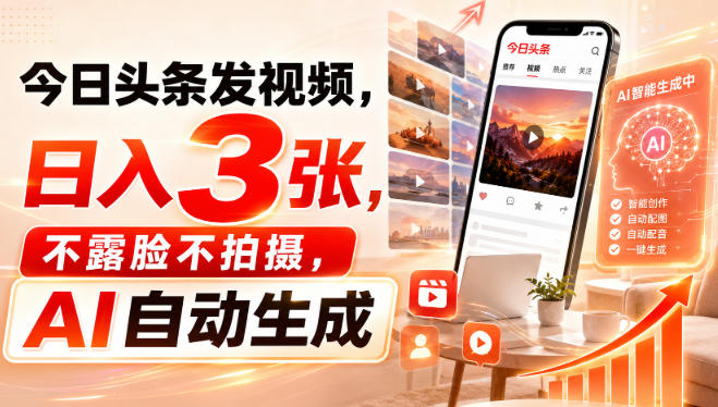 今日头条发视频,日入3张,不露脸不拍摄,AI自动生成-来聚吧