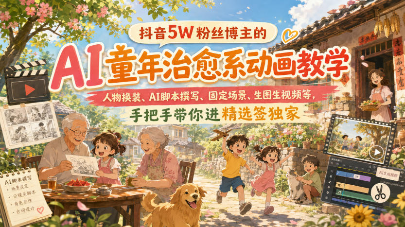 抖音5W粉丝博主的AI童年治愈系动画教学,人物换装、AI脚本撰写、固定场景、生图生视频等,手把手带你进精选签独家-来聚吧