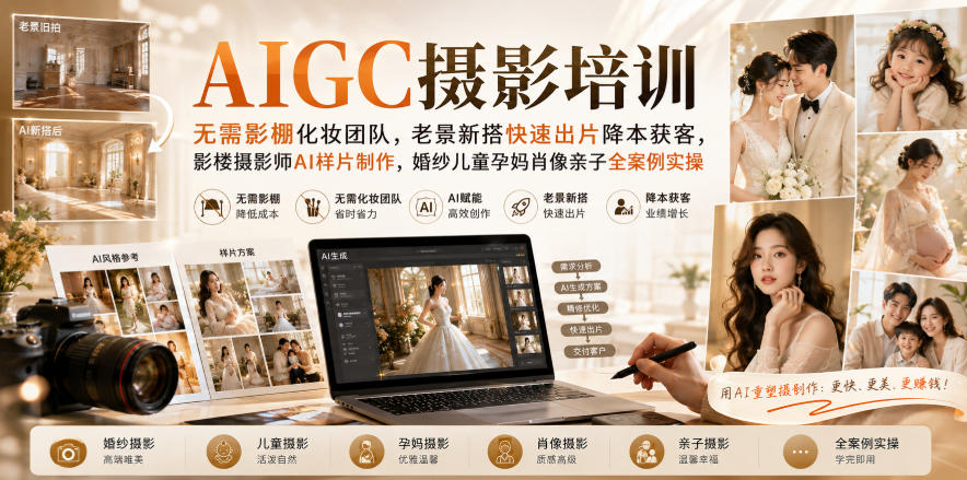 AIGC摄影培训｜无需影棚化妆团队，老景新搭快速出片降本获客，影楼摄影师AI样片制作，婚纱儿童孕妈肖像亲子全案例实操-来聚吧