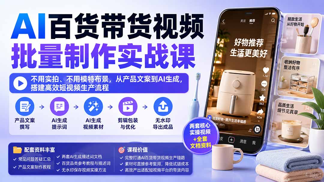 AI百货带货视频批量制作实战课:不用实拍、不用模特布景,从产品文案到AI生成,搭建高效短视频生产流程-来聚吧