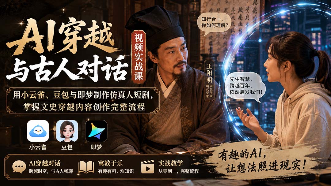 AI穿越与古人对话视频实战课:用小云雀、豆包与即梦制作仿真人短剧,掌握文史穿越内容创作完整流程-来聚吧