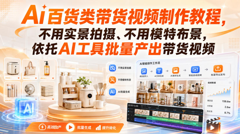 Ai百货类带货视频制作教程,不用实景拍摄、不用模特布景,依托AI工具批量产出带货视频-来聚吧