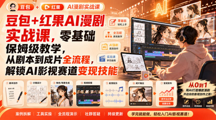豆包+红果AI漫剧实战课,零基础保姆级教学,从剧本到成片全流程,解锁AI影视赛道变现技能-来聚吧