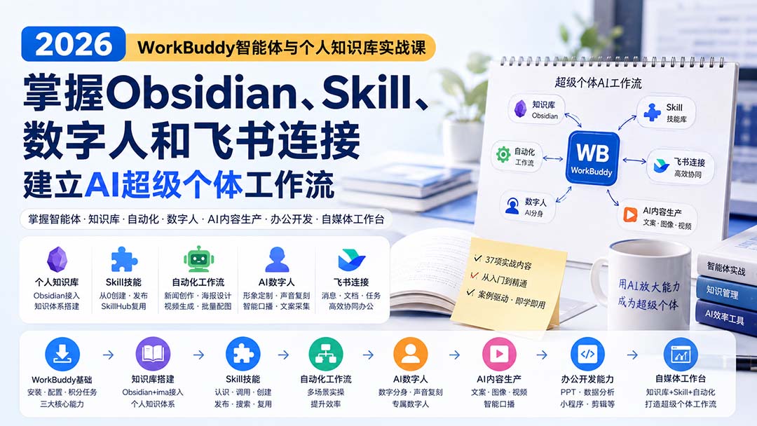 2026 WorkBuddy智能体与个人知识库实战课:掌握Obsidian、Skill、数字人和飞书连接,建立AI超级个体工作流-来聚吧