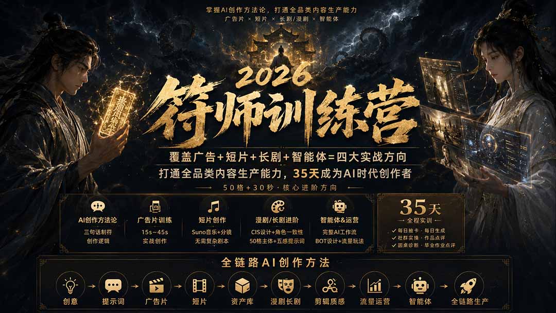 符师训练营-35天成为AI时代创作者,广告+短片+漫剧+智能体四大实战方向,掌握从创意到上线的完整工作流-来聚吧
