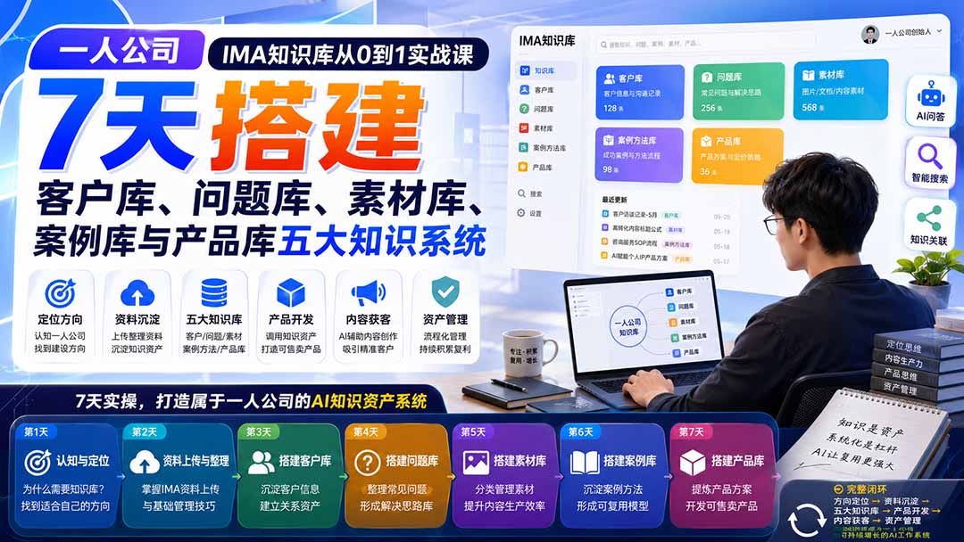 一人公司IMA知识库从0到1实战课:7天搭建客户库、问题库、素材库、案例库与产品库五大知识系统-来聚吧