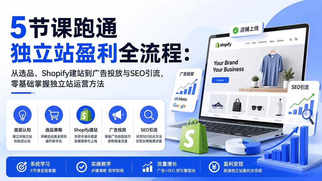 5节课跑通独立站盈利全流程:从选品、Shopify建站到广告投放与SEO引流,零基础掌握独立站运营方法-来聚吧