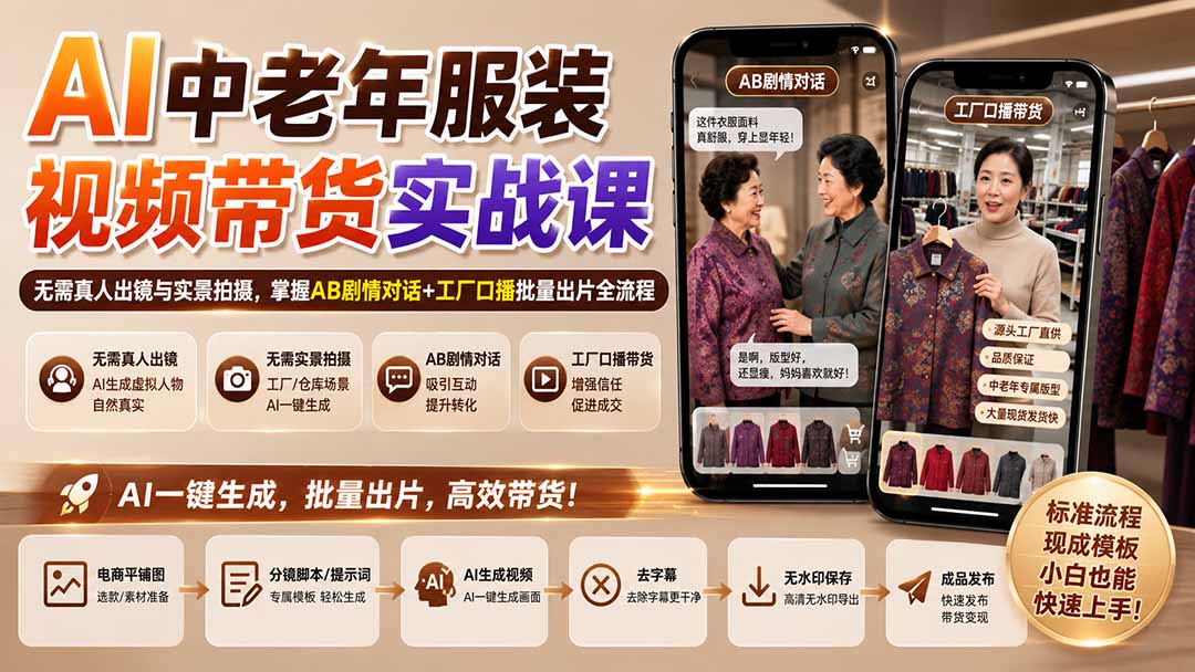 AI中老年服装视频带货实战课:无需真人出镜与实景拍摄,掌握AB剧情对话+工厂口播批量出片全流程-来聚吧