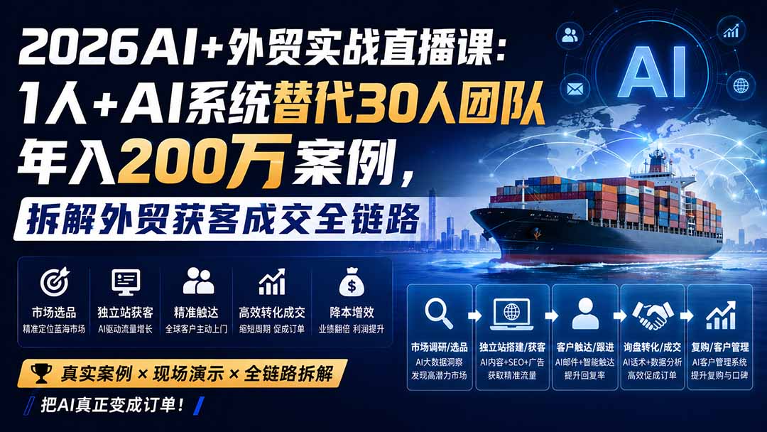 2026AI+外贸实战直播课:1人+AI系统替代30人团队年入200万案例,拆解外贸获客成交全链路-来聚吧