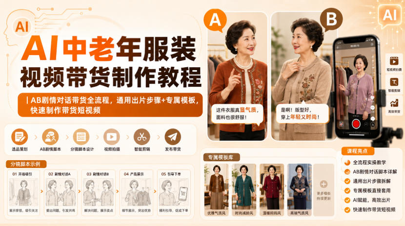 AI中老年服装视频带货制作教程｜AB剧情对话带货全流程，通用出片步骤+专属模板，快速制作带货短视频-来聚吧