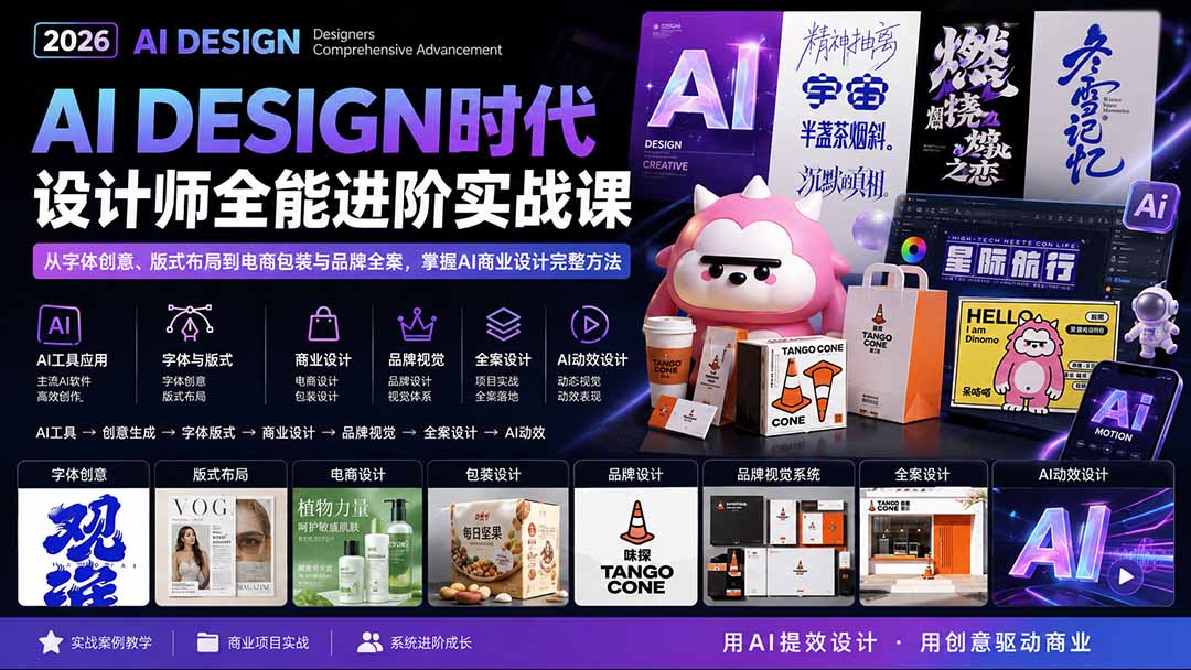 2026AI DESIGN时代设计师全能进阶实战课:从字体创意、版式布局到电商包装与品牌全案,掌握AI商业设计完整方法-来聚吧